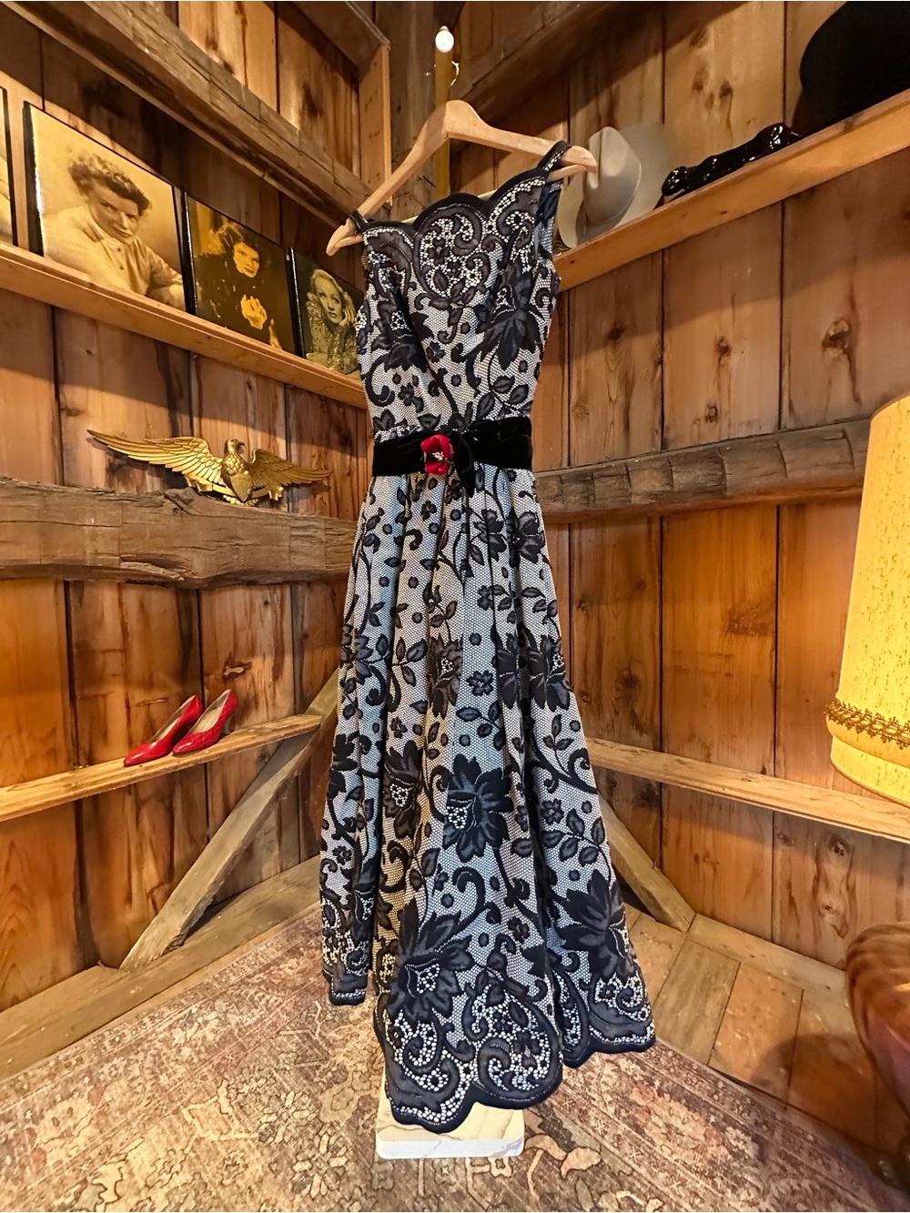 Vintage Black and Gray Lace Fit-and-Flare Dress with Velvet Waist